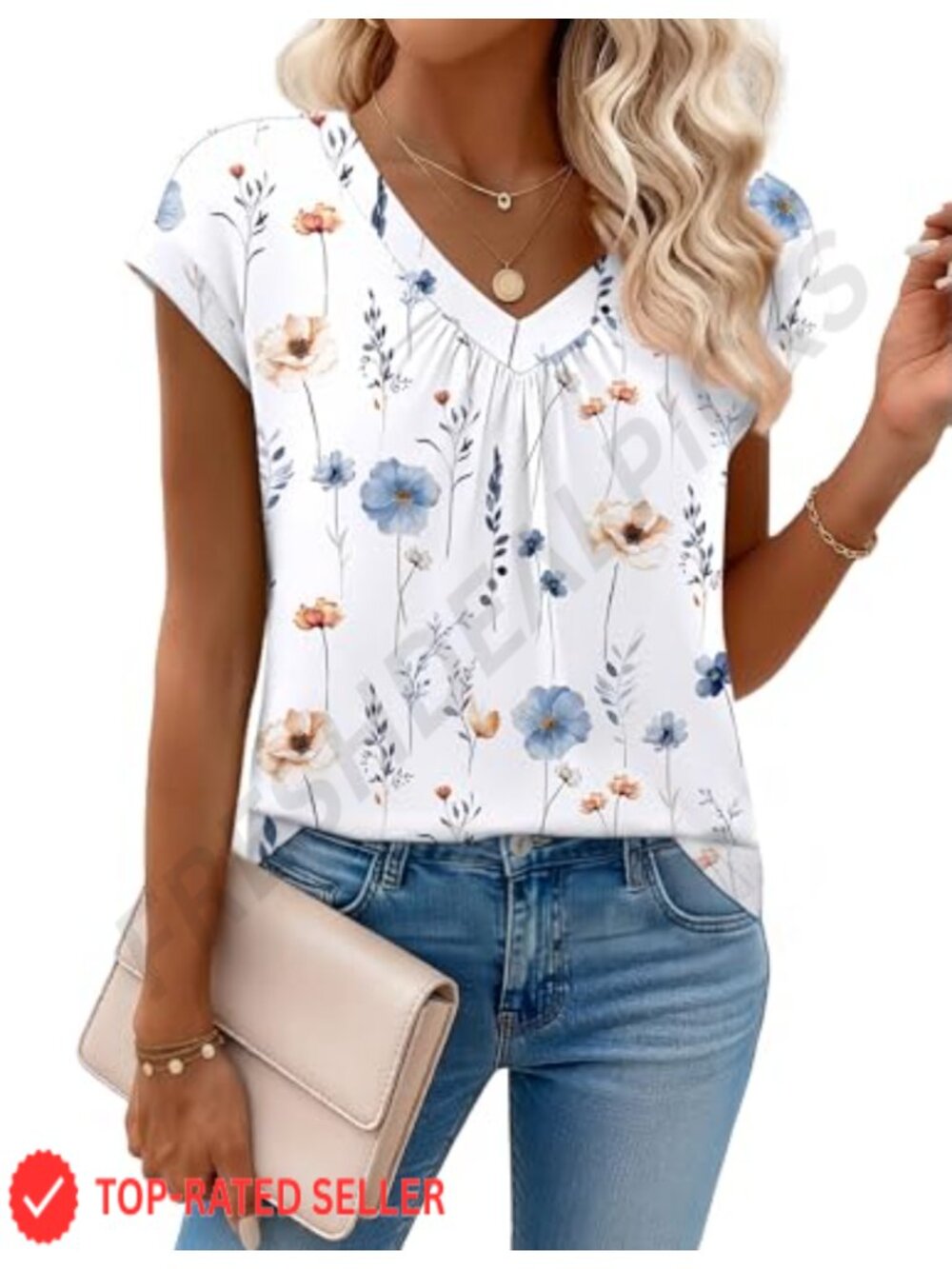Zeagoo Women's Short Sleeve V-Neck Pleated Blouse Casual Summer Top